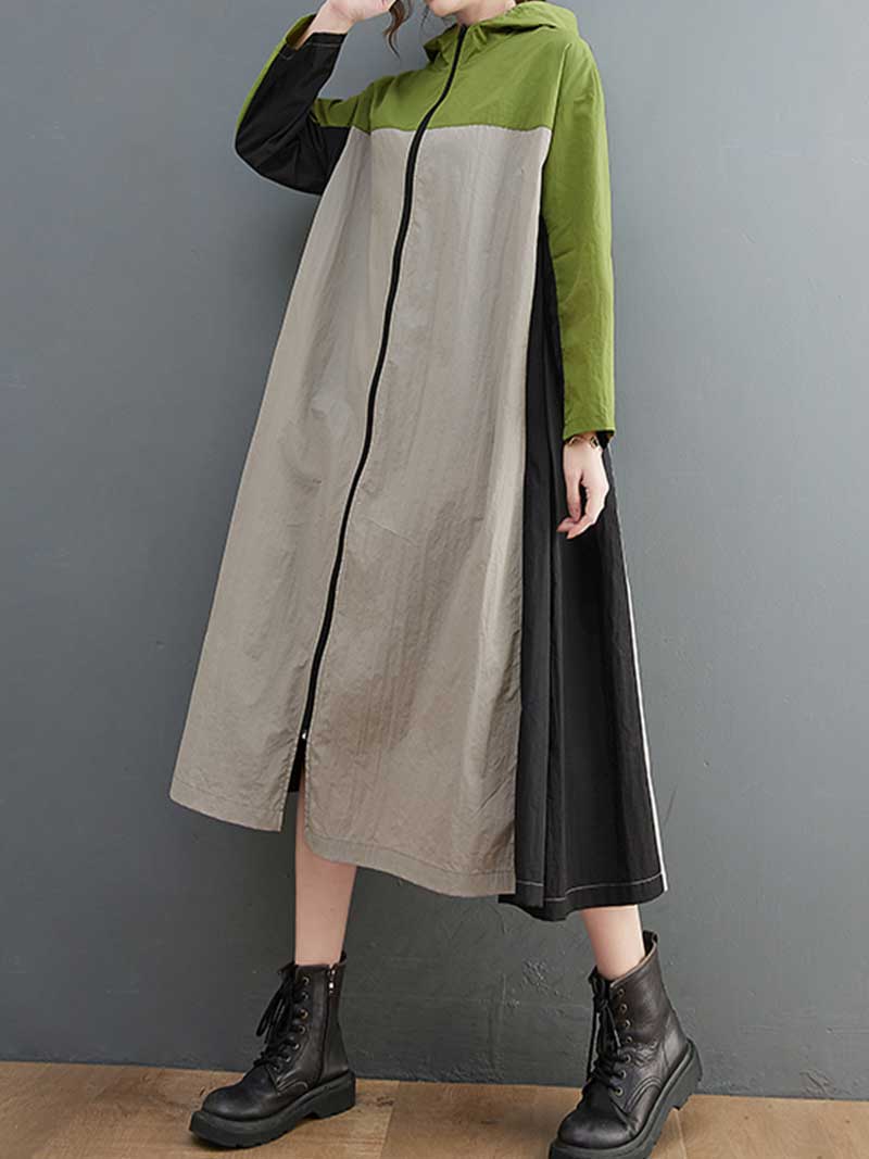 Cotton Hooded Windbreaker jacket style A-Line Dress - Fashionpara