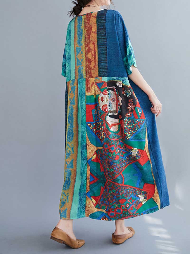 Abstract Art Print V-Neck Patchwork Kaftan Maxi Dress 2