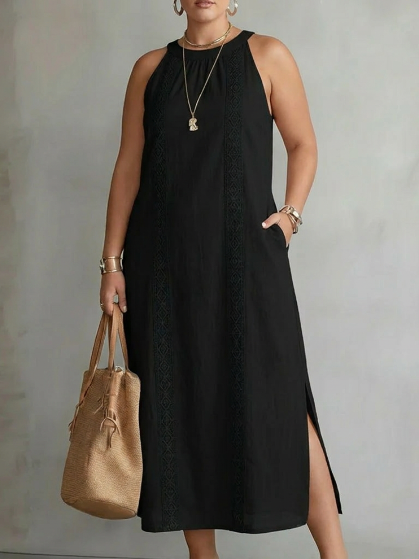 Halter Neck Sleeveless Lace Trim Side Split Midi Dress 12