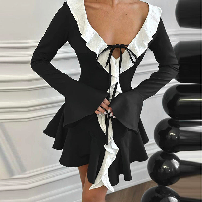 Contrast Ruffle Bell-Sleeve Tie-Front Flared Mini Dress 4