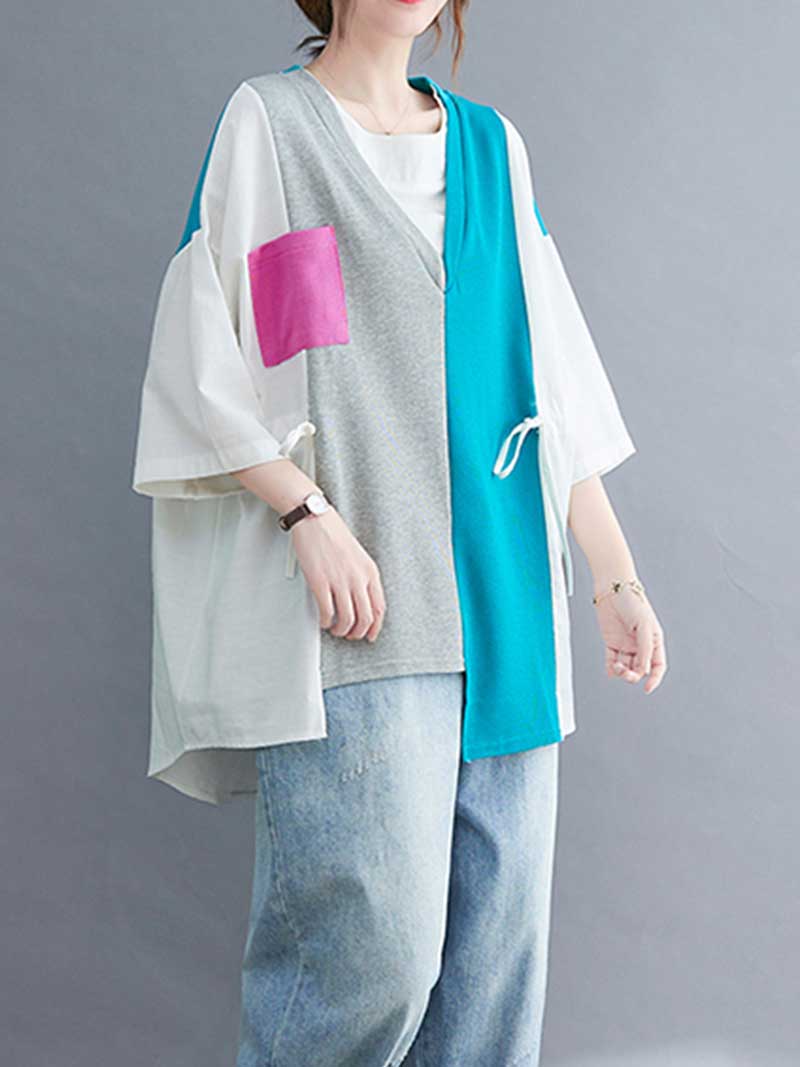 Colorful Print Round-Neck Shirt Top - Fashionpara