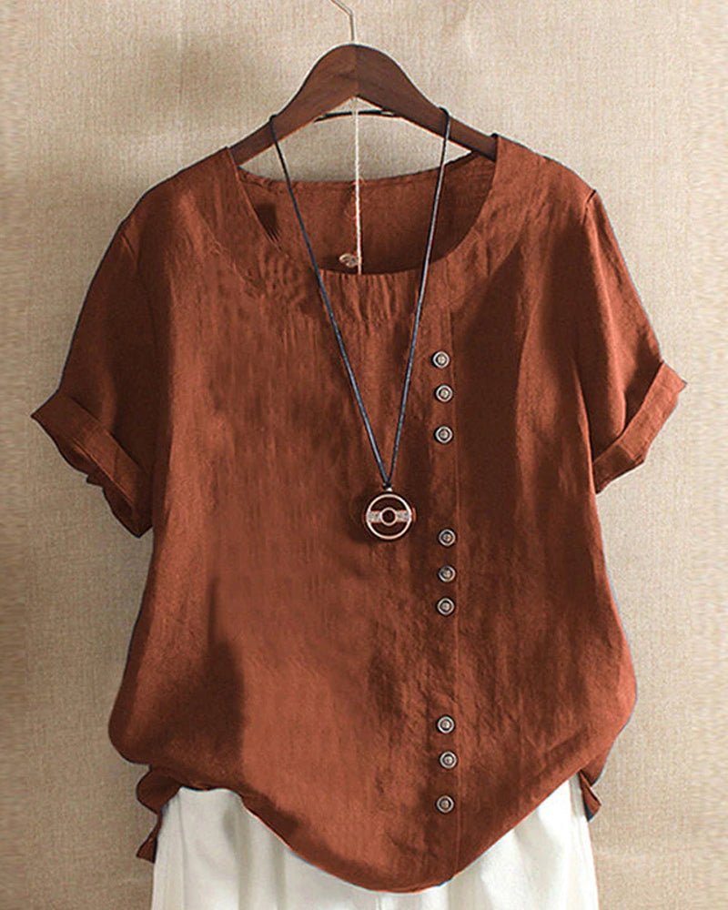 Button Front Round Neck Short Sleeve Blouse 3