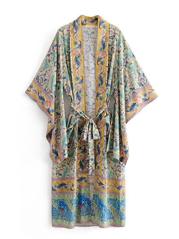 Long Kimono Floral Print Green Color Cotton Viscose Long Length Gown Kimono Duster Robe - Fashionpara