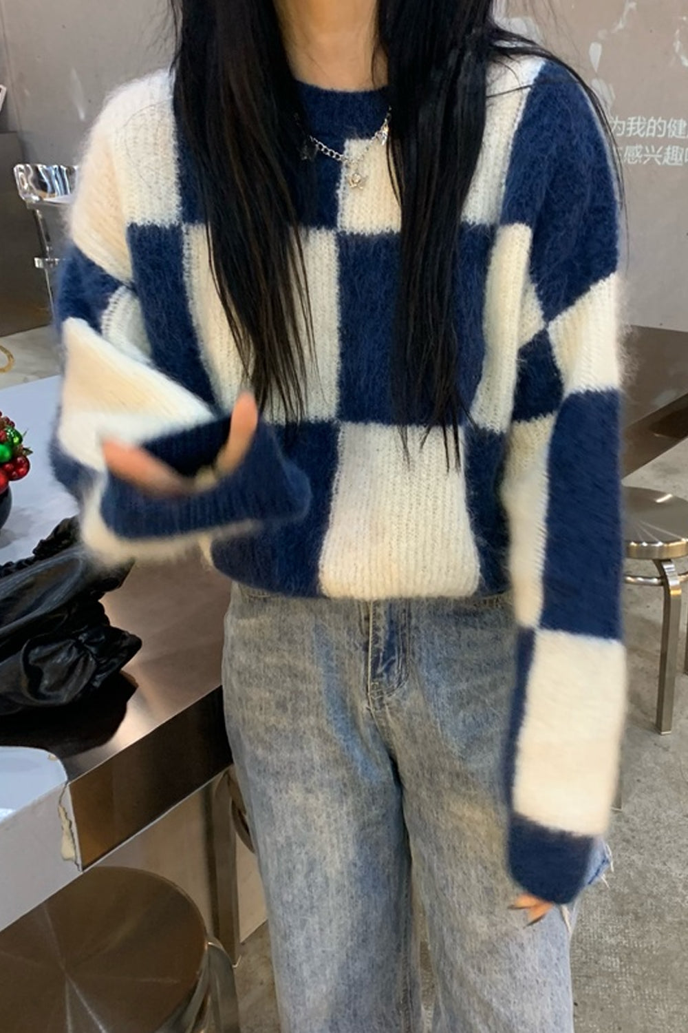 KittenAlarm - Blue Plaid O-Neck Knitted Sweater