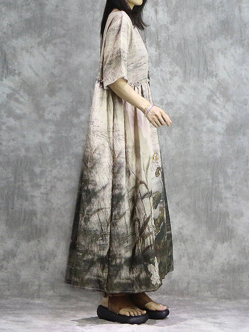 Ink Floral Round Neck Pleated Smock Maxi Dress 5