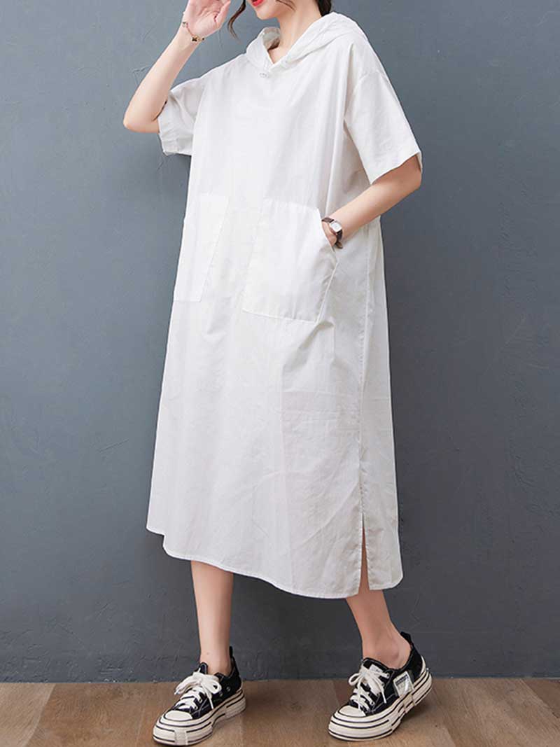 Hooded Short Sleeve Double Patch-Pocket A-line Midi Dress 6