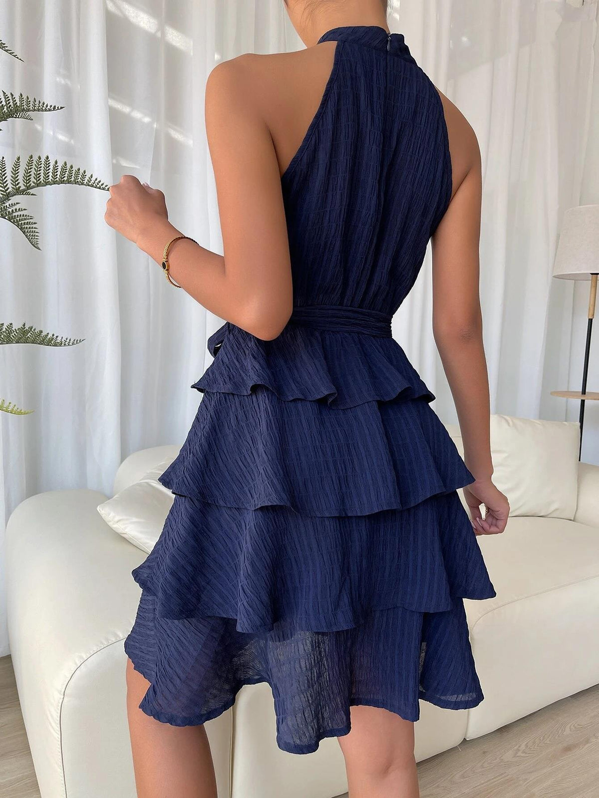 Chiffon Halter Neck Belted Tiered Mini Dress 4