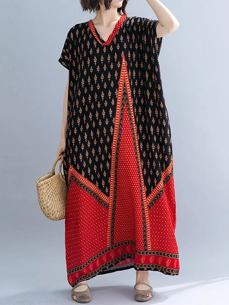 Ethnic Border Print V-Neck Short Sleeve Kaftan Maxi Dress 4
