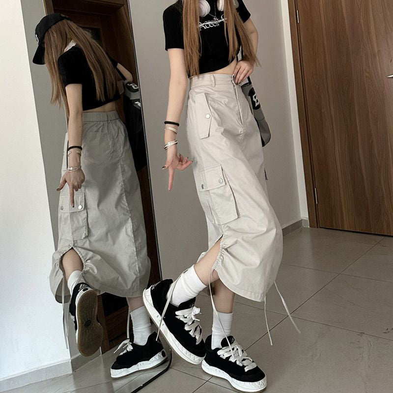 High Waist Cargo Pockets Long Skirts - Fashionpara