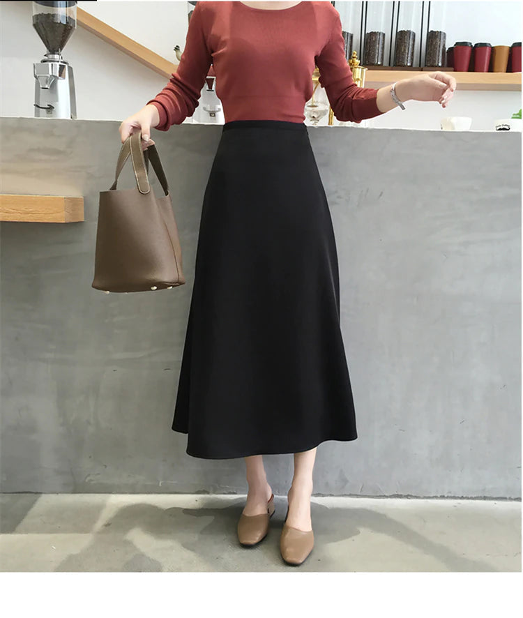High Waist Glossy Long Satin Office Skirts - Fashionpara