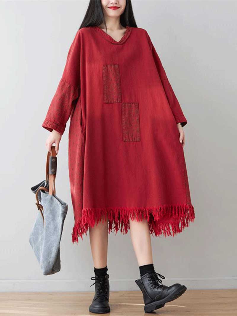 Patchwork Pocket V-Neck Long Sleeve Frayed-Hem Midi Dress 6