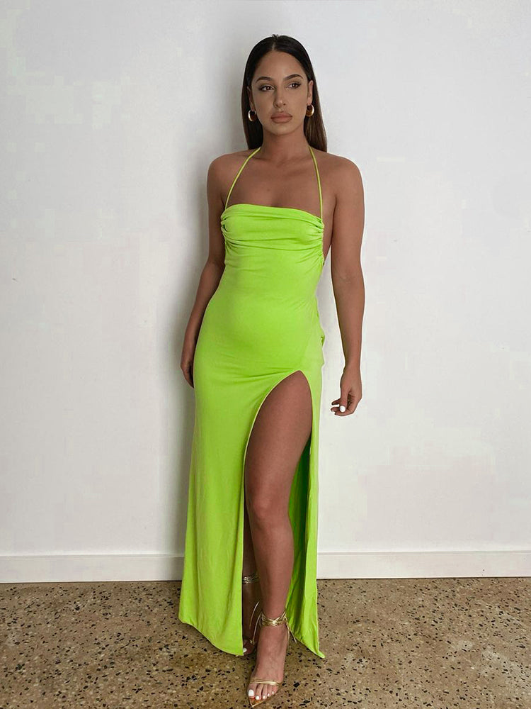 Halterneck Open Back Slit Maxi Dress