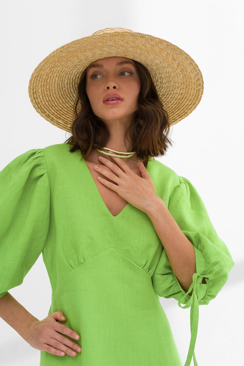 Linen V-Neck Tie-Cuff Puff-Sleeve A-Line Mini Dress 4