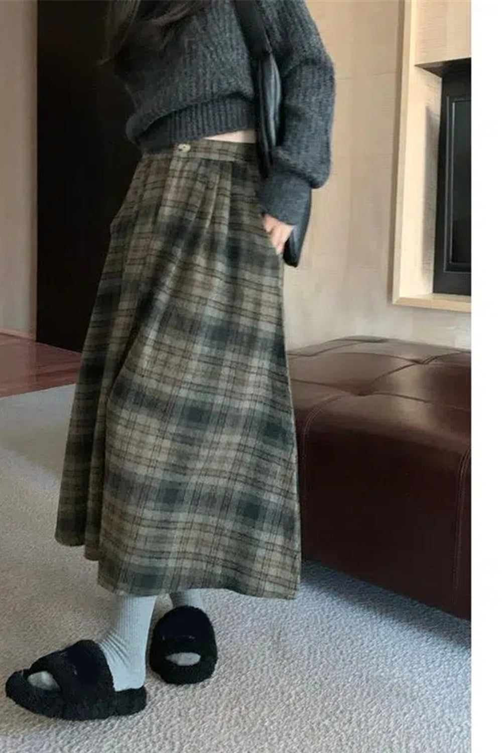 High Waist Thick A-Line Plaid Pleated Skirts - Fashionpara
