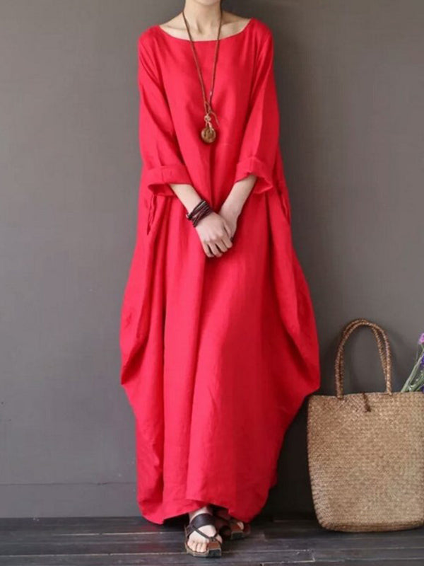 Linen Round Neck Long Sleeve Lantern Maxi Dress 4