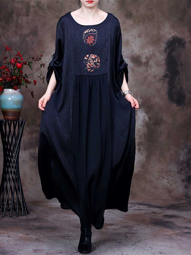 Floral Appliqué Round Neck Long Sleeve Maxi Dress