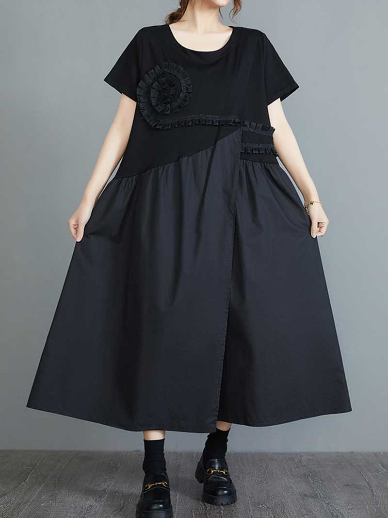 Frill-Trim Round Neck Short Sleeve A-Line Midi Dress