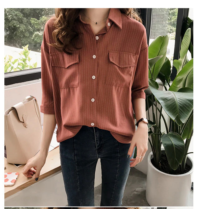 Half Sleeve Casual Striped Blouse Shirt - Fashionpara