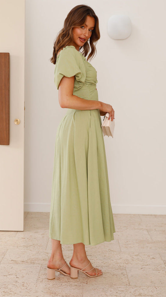 Twist-Front Puff-Sleeve Cutout Pleated Midi Dress 4