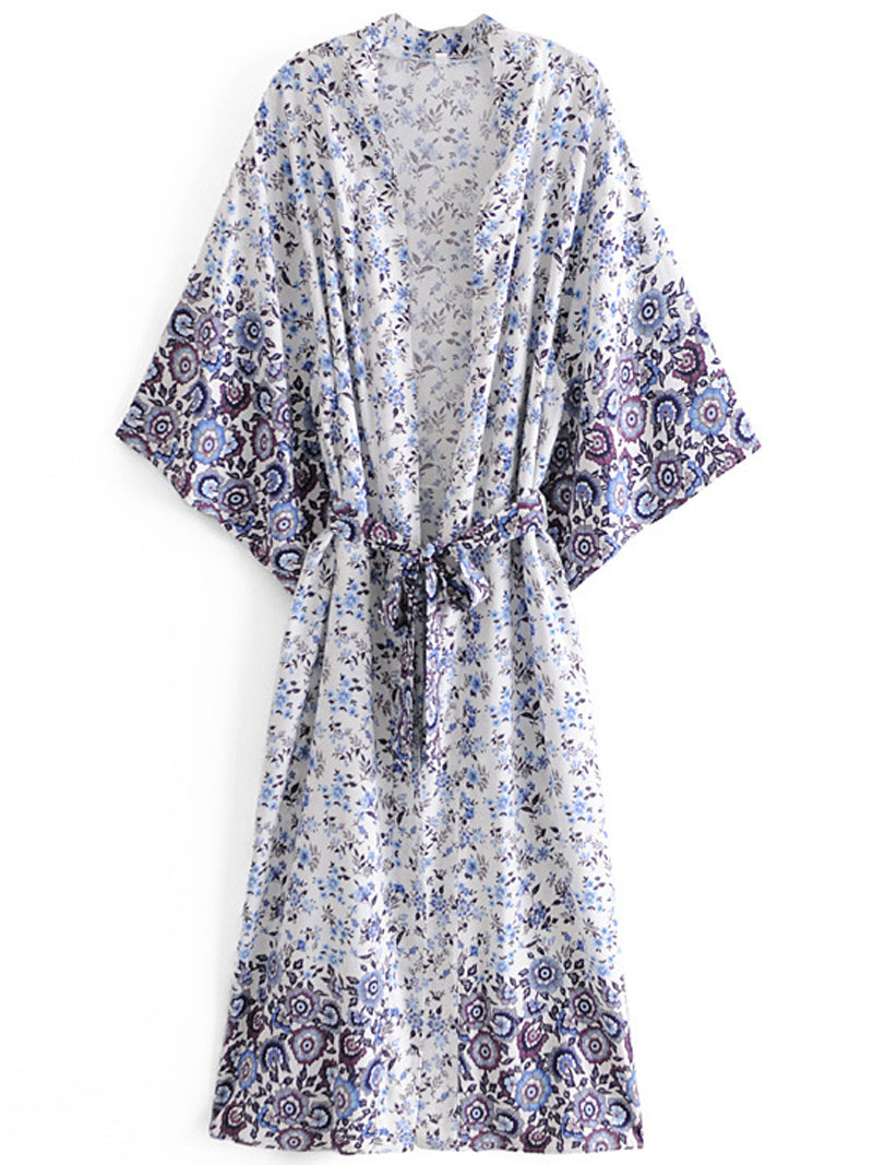 Nightwear Floral Print Green Color Cotton Long Length Gown Kimono Duster - Fashionpara