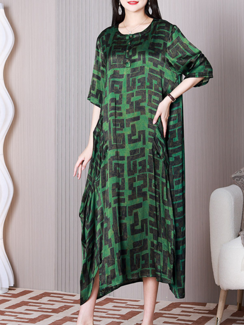 Geometric Maze Print Round Neck Cocoon Midi Dress 2
