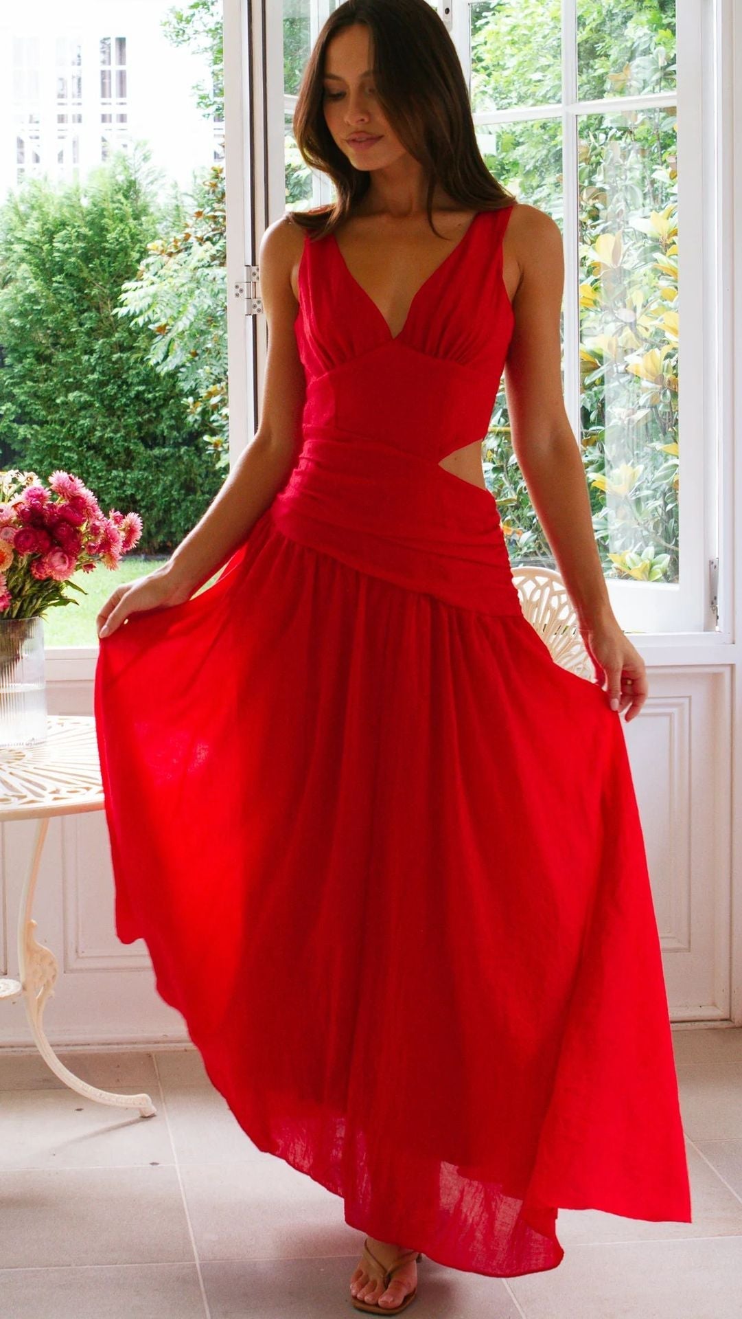 V-Neck Side-Cutout Crossover Waist Flowy Maxi Dress 4