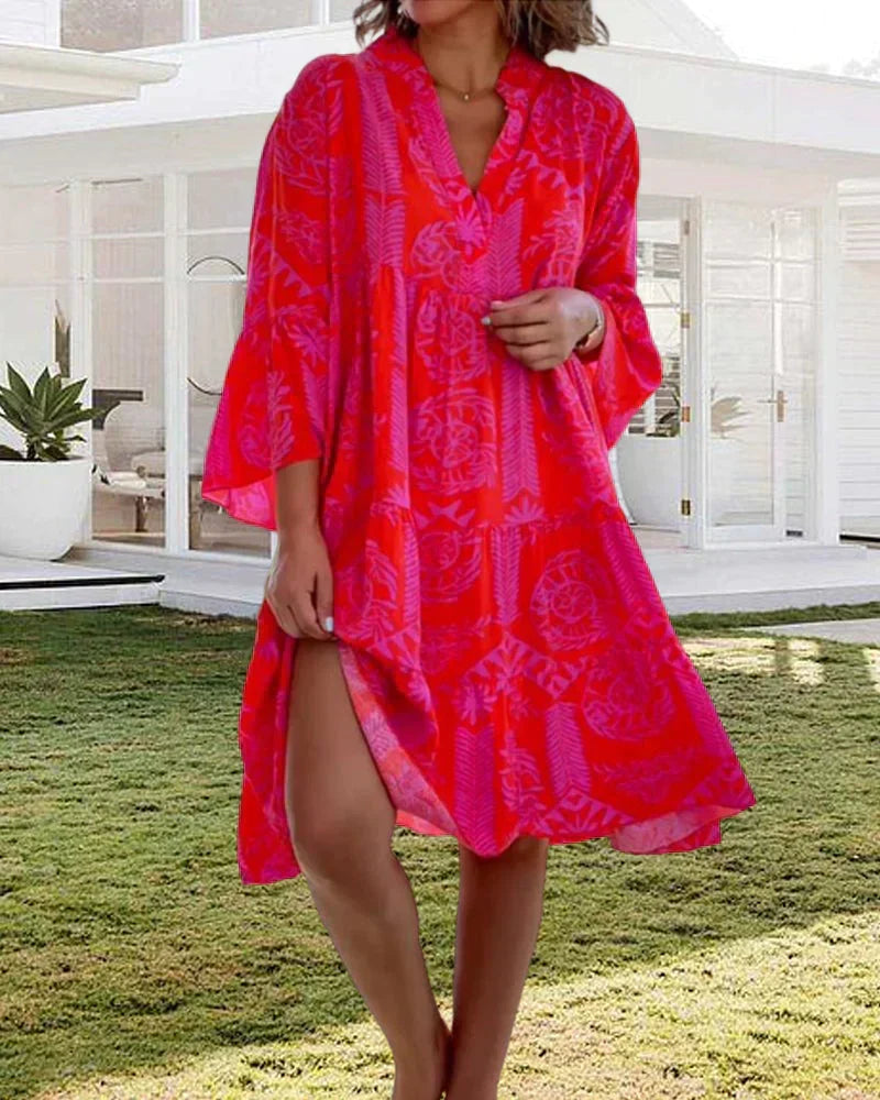 Bell Sleeve Ruffle Cuff Deep V-Neck Tiered Shift Mini Dress - View 4
