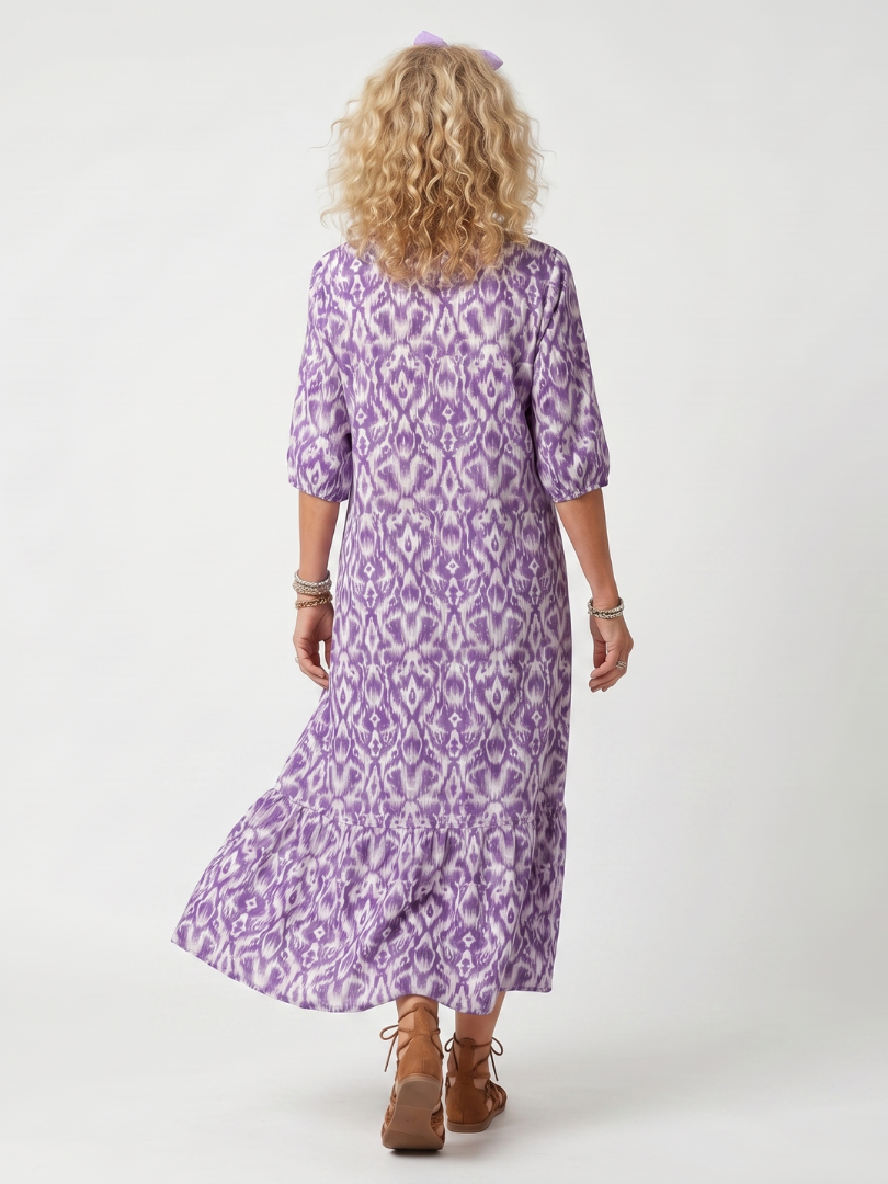 Ikat Print Tassel Tie Neck Puff Sleeve Tiered Midi Dress 4