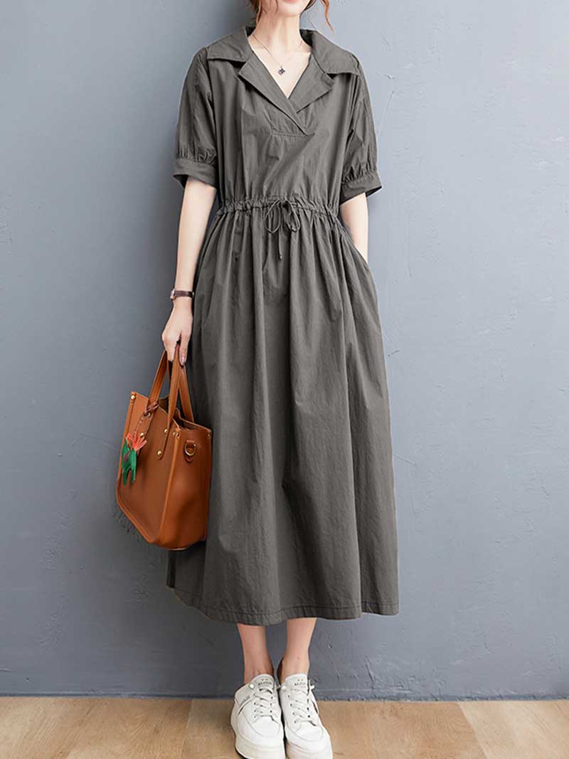 Plain Cotton Short Sleeve A-Line Dress 3