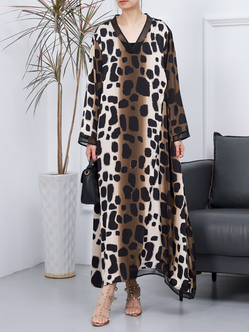 Casual V-Neck Long Sleeves Printed A-Line Dress - Fashionpara