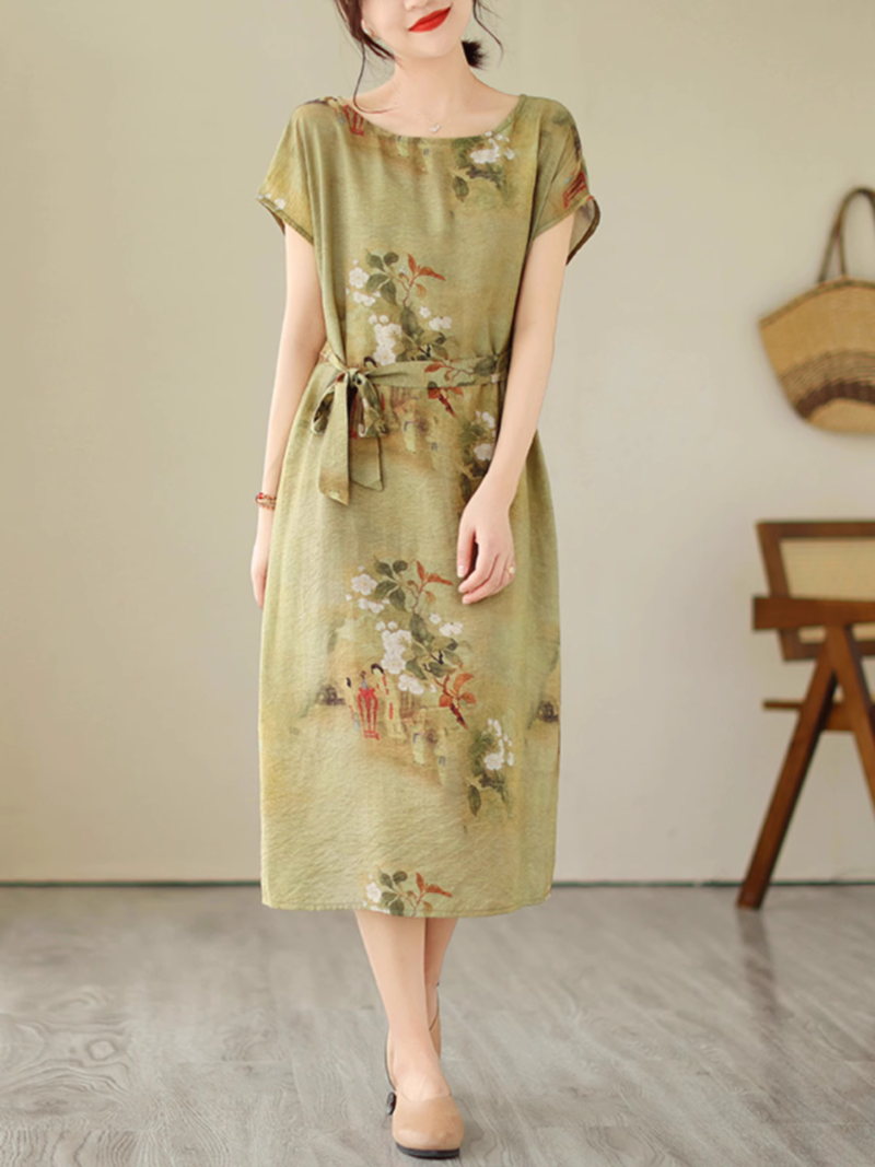 Floral Print Boat Neck Short Sleeve Tie-Waist Midi Dress