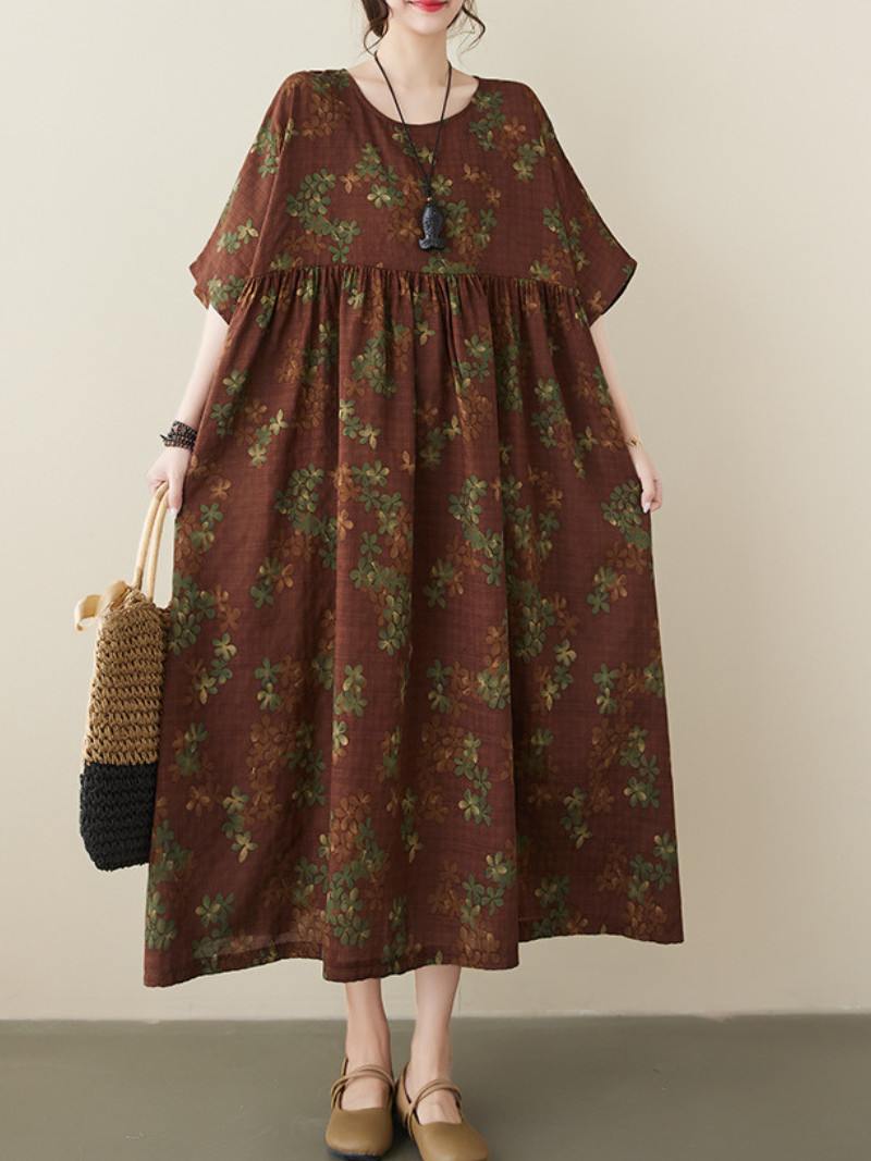 Floral Print Round Neck Short Sleeve Pleated Midi Dress 2