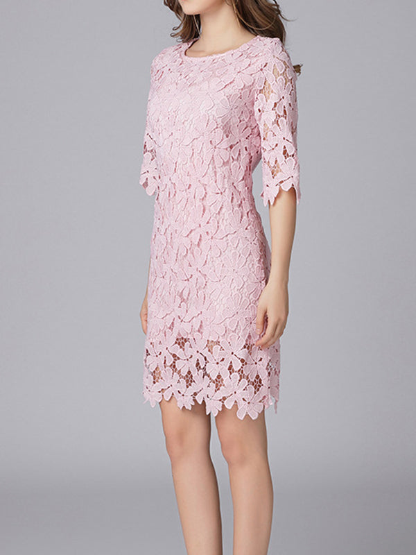 Floral Lace Round Neck Half-Sleeve Scalloped Mini Dress 3