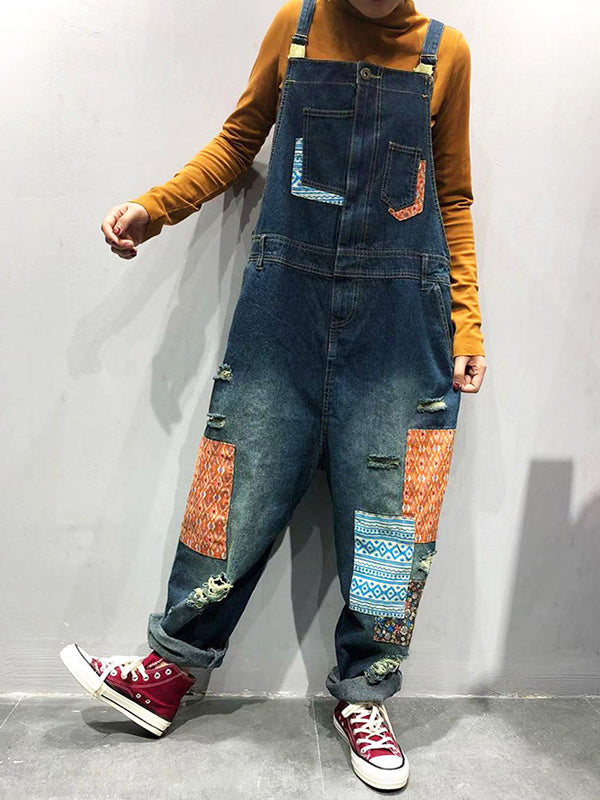 Estela Patchwork Prints Ripped Overall Dungarees - Fashionpara