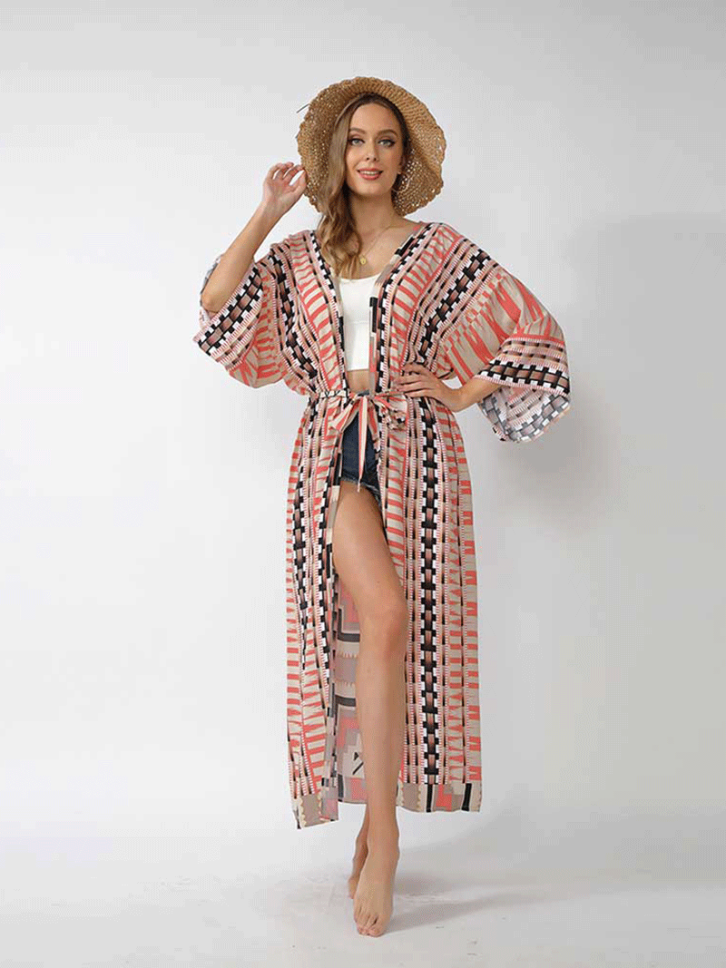 Printed Different Colors Polyester Long Length Gown Kimono Duster Robe - Fashionpara