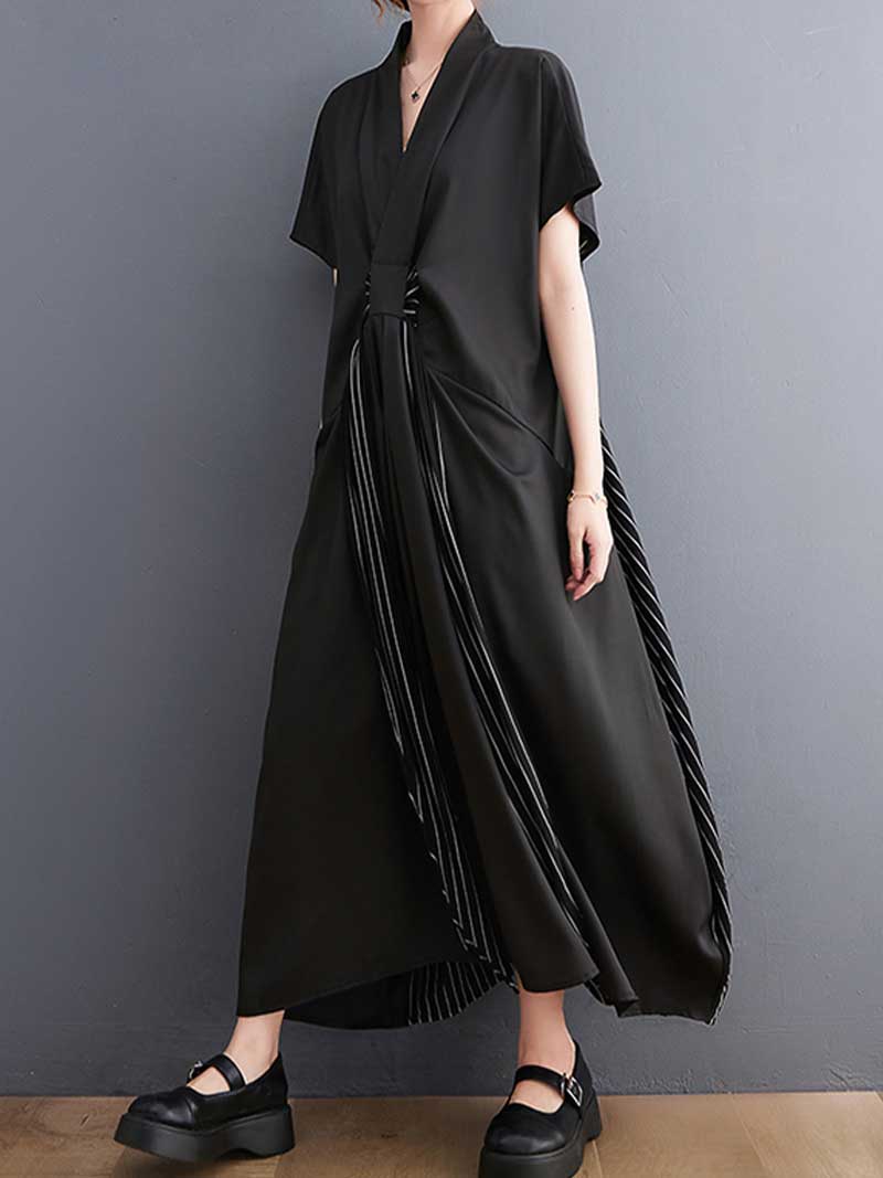 Cotton Short Sleeves Tie Style A-Line Dress - Fashionpara
