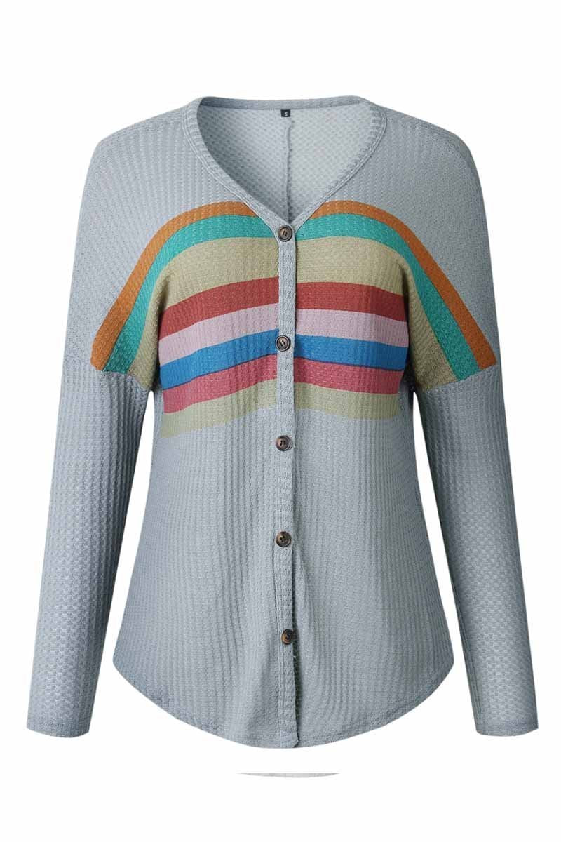 Florcoo Striped Rainbow Casual Button Tops - Fashionpara