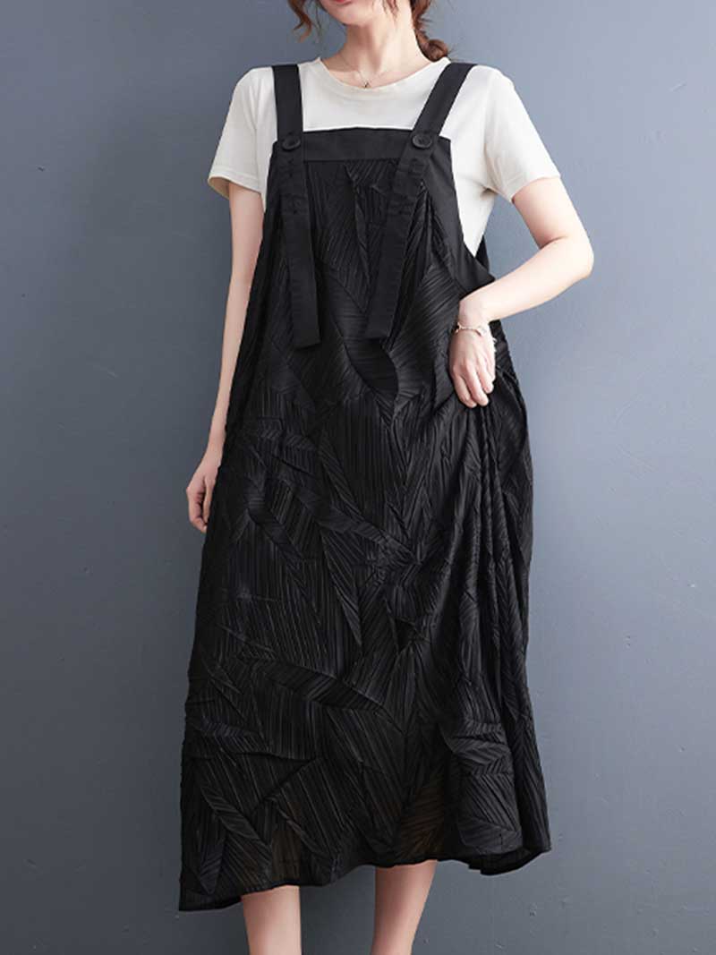 Pleated Cotton Black Color Salopette Dress - Fashionpara