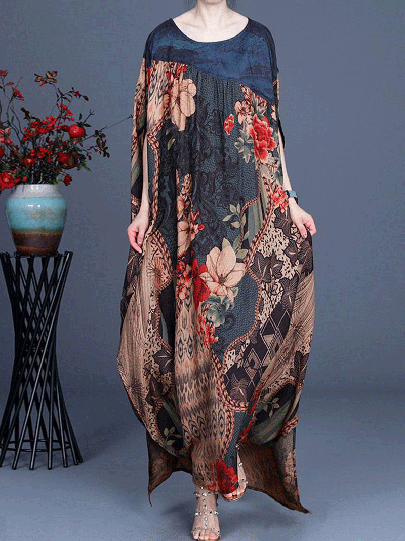 Floral Patchwork Print Round Neck Batwing Maxi Dress