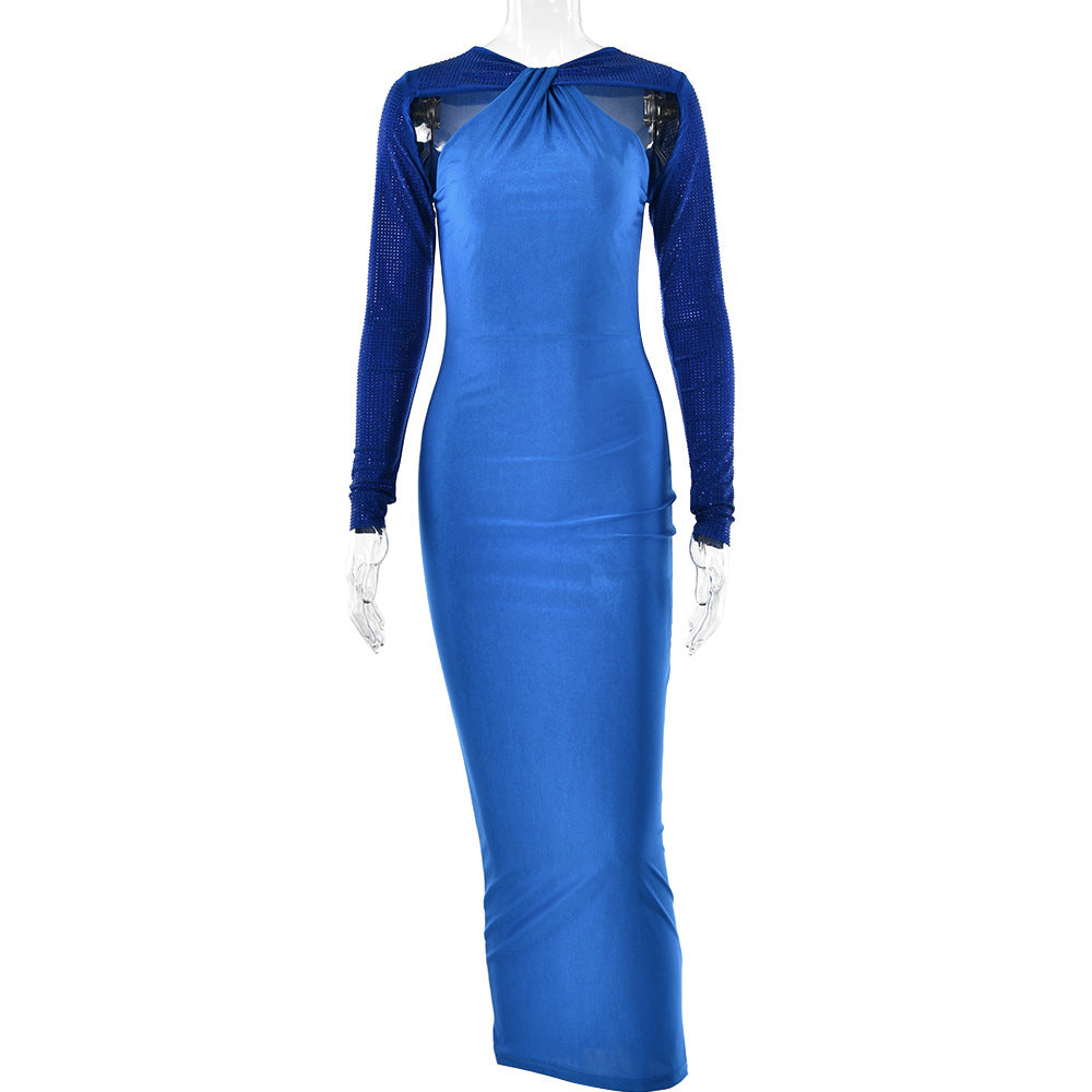 Rhinestone One-Sleeve Cutout Bodycon Maxi Dress 4