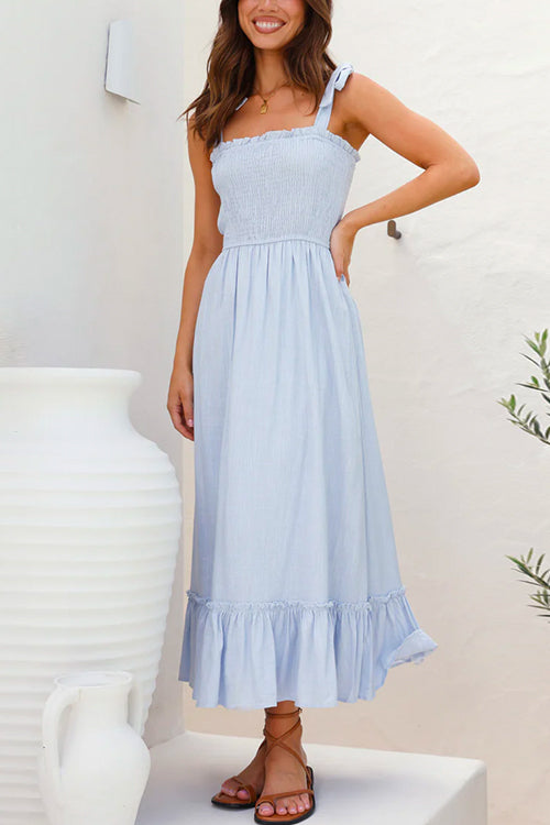 Wide Straps Bow Shoulder Smocked Ruffle Maxi Dress - Fashionpara