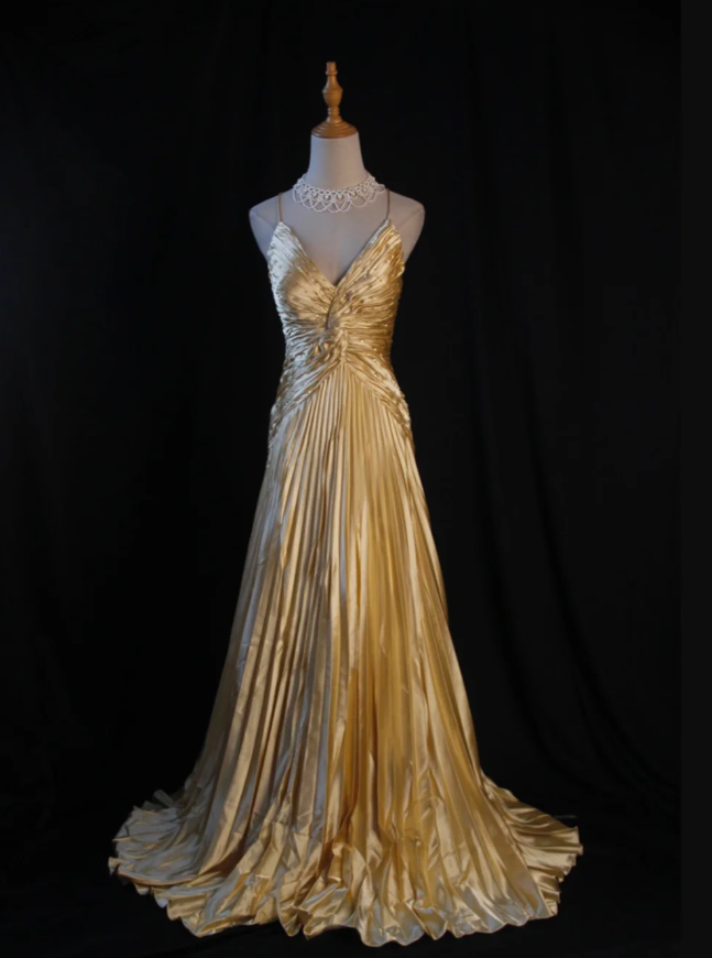 Stylish Spaghetti Straps Gold V Neck Satin Pleated Beaded Long Party Dress Formal Wedding Guest Dress D1161