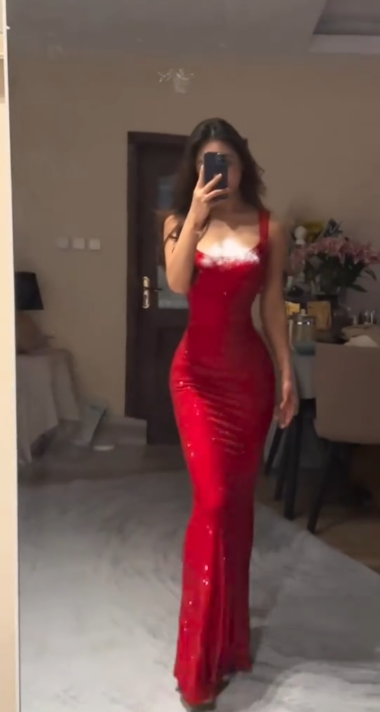 Shiny Red Spaghetti Straps Satin Sequin Mermaid Evening Dress Long Wedding Guest Dress D1709