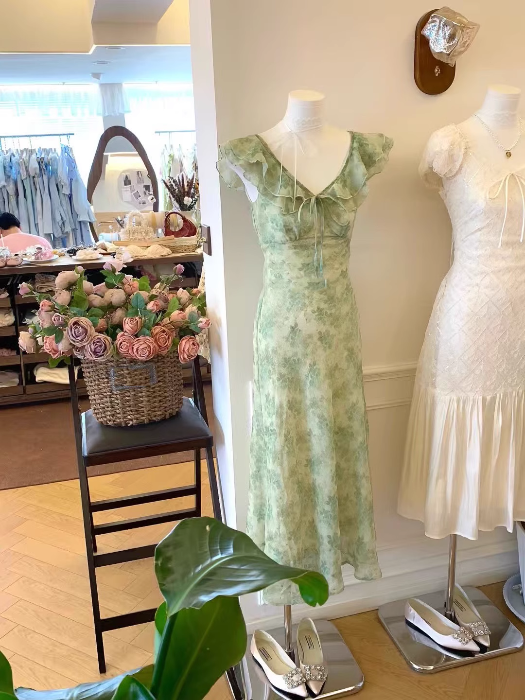 Green Ruffle Floral A Line Vacation Dress Birthday Party Dress S287