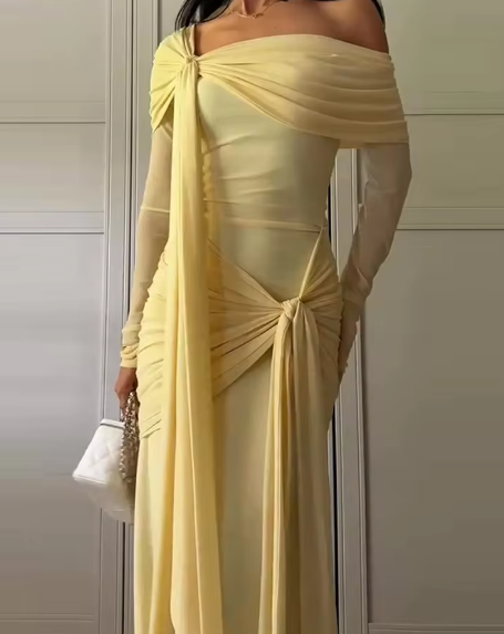 Elegant Off The Shoulder Satin Pleated Mermaid Long Party Dress Yellow Formal Wedding Guest Dress D1367