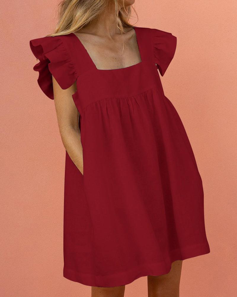 SWEET SQUARE NECK RUFFLE SLEEVE MINI DRESS - Fashionpara