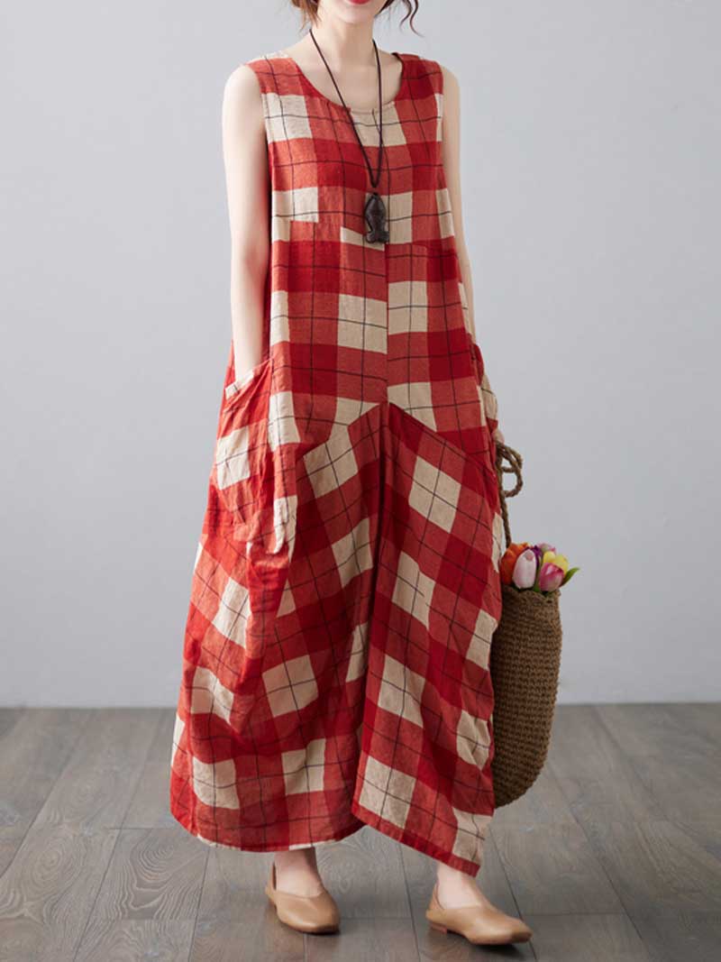H-line Loose Retro Style Plaid Print Cotton Dress - Fashionpara