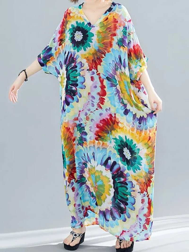 Feather Print V-Neck Batwing Kaftan Maxi Dress 4