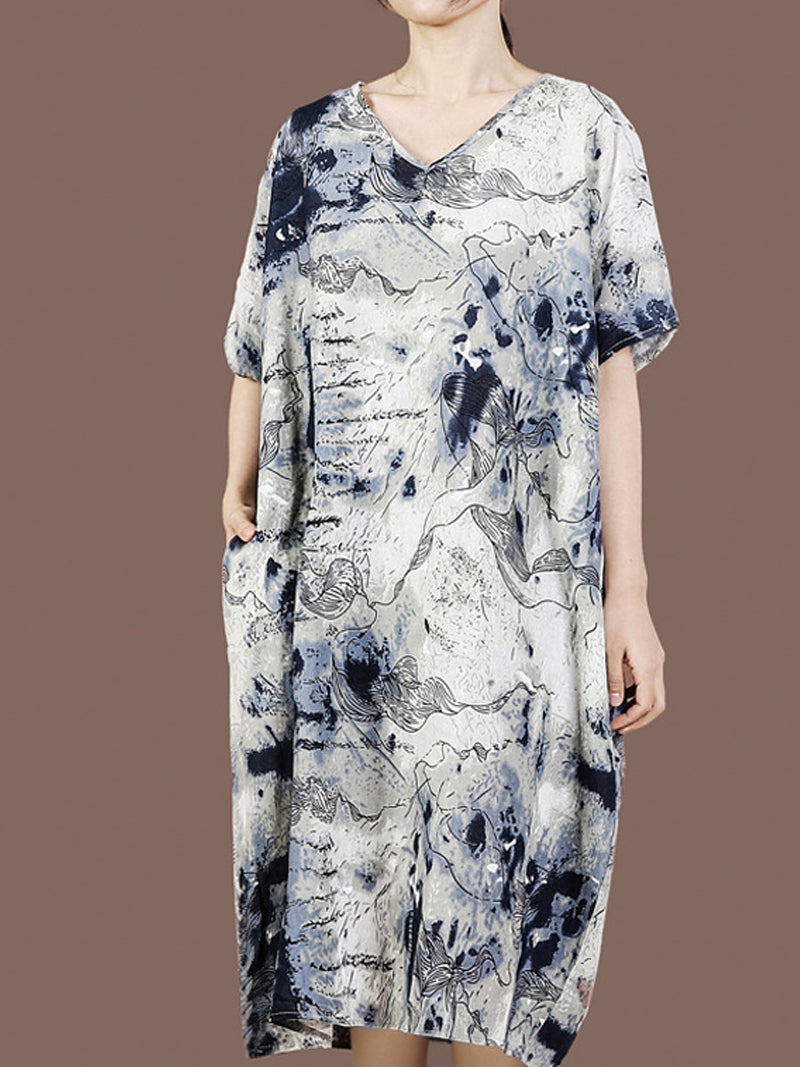 Ink-Print V-Neck Short-Sleeve Cocoon Midi Dress 4