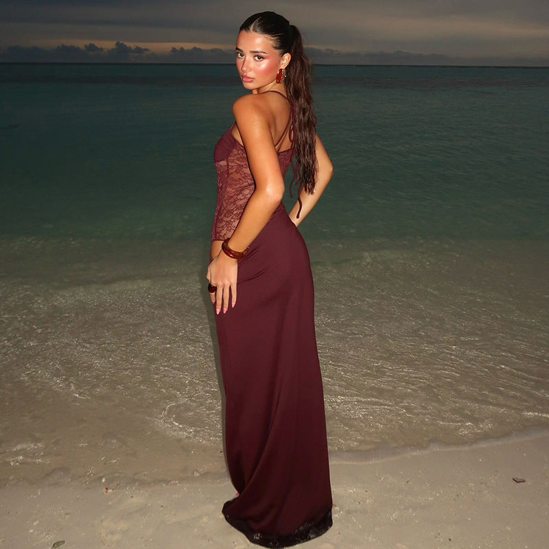 Lace-Panel Square-Neck Strappy Column Maxi Dress 4
